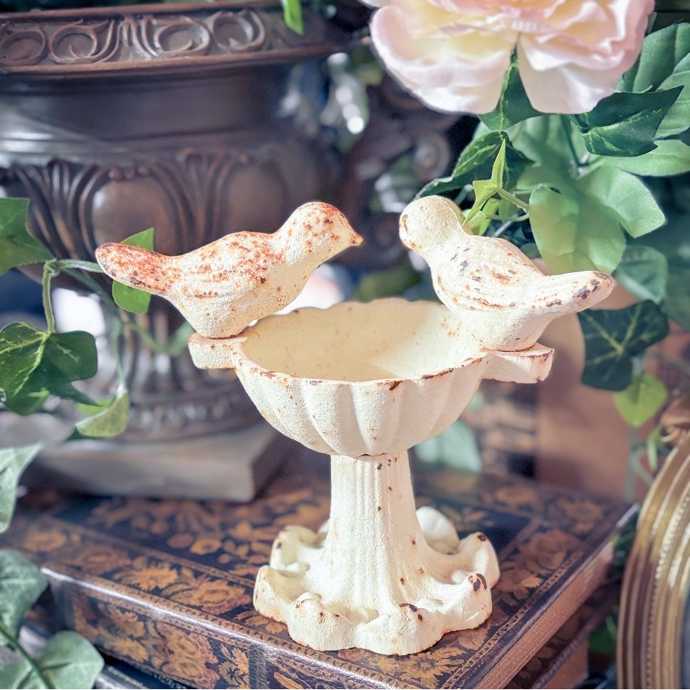 Vintage Style Cast Iron Double Bird Pedestal Dish Garden Cottage - Picture 5 of 12
